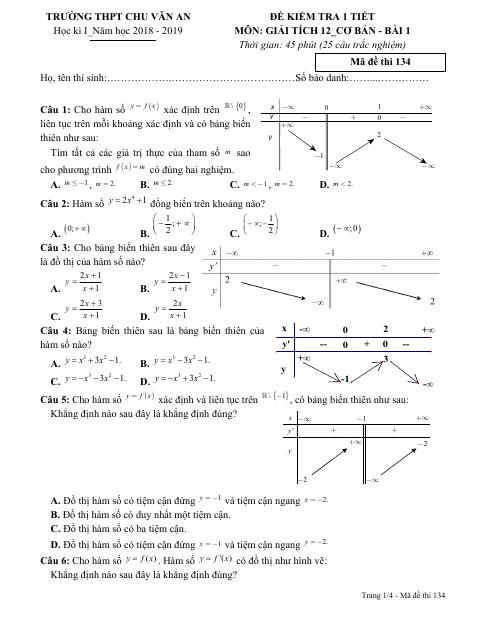 Đề kiểm tra 1 tiết Giải tích 12 chương 1 năm 2018 – 2019 trường THPT Chu Văn An – Đăk Nông